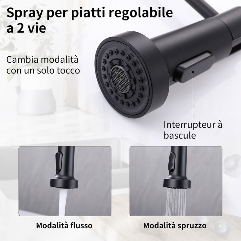 Homelody Rubinetto da cucina nero Rubinetto da cucina a molla Miscelatore per lavandino ad alto arco doccetta estraibile con 2 modalità acciaio inossidabile