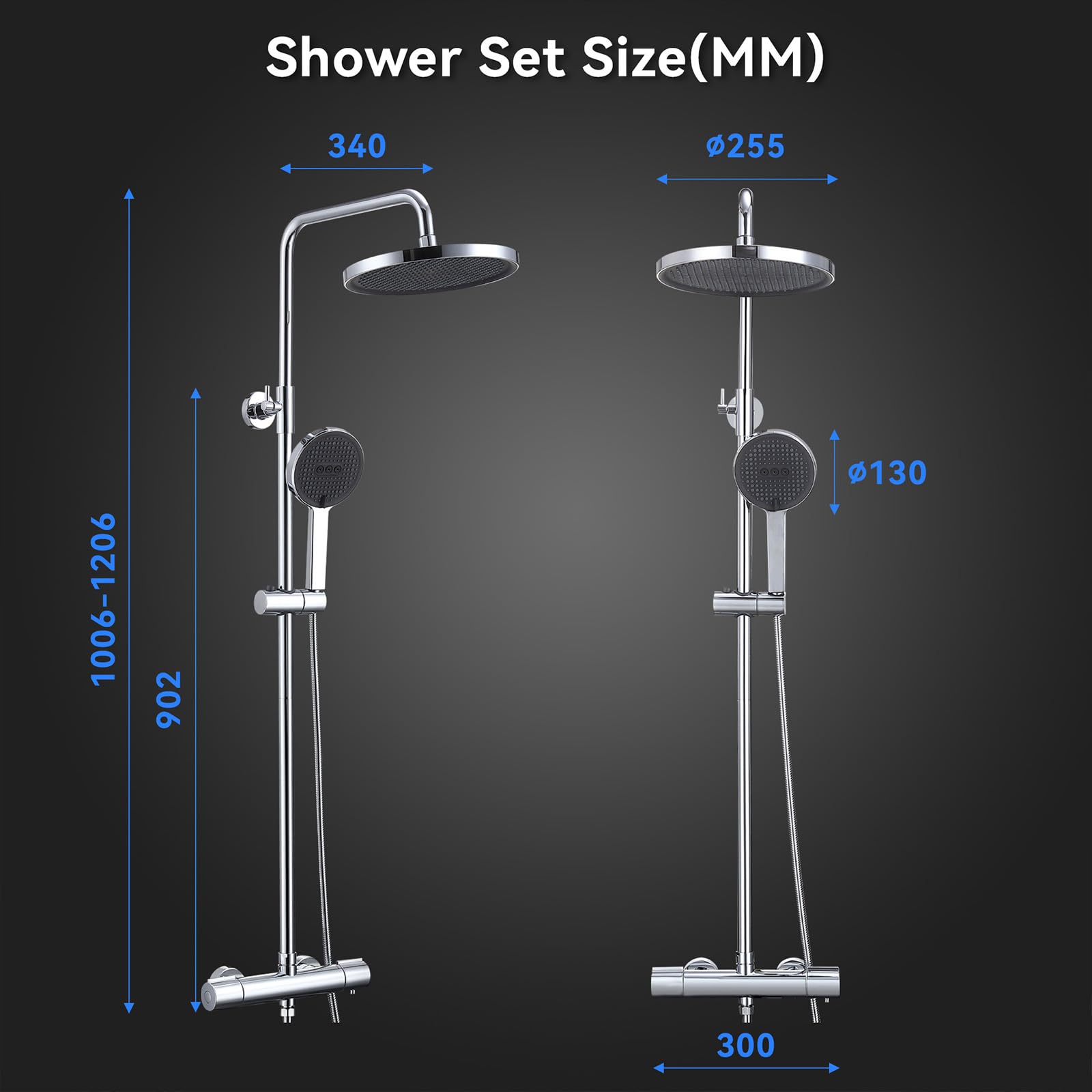 HOMELODY Sistema doccia con termostato, cromato, set completo con 3 tipi di getto, soffione doccia rotondo, doccia a pioggia con rubinetto, 30 cm