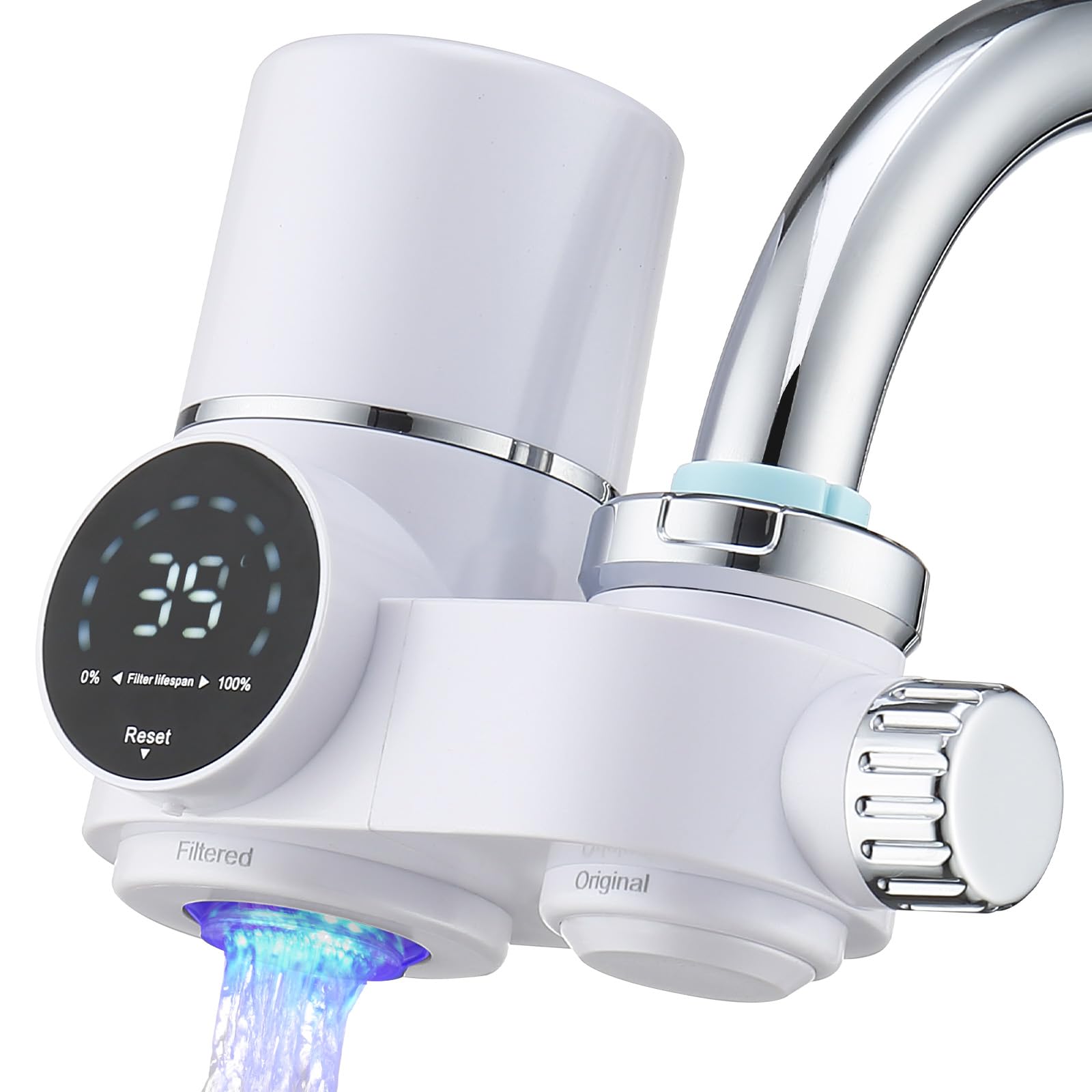 Filtro dell'acqua per rubinetto con display LED, filtro per acqua potabile per cucina, rimuove cloro, metalli pesanti e cattivo gusto, filtro dell'acqua potabile con luce blu (incluso filtro*1)