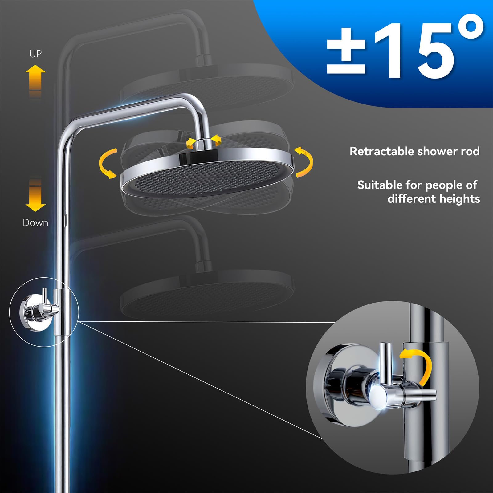 HOMELODY Sistema doccia con termostato, cromato, set completo con 3 tipi di getto, soffione doccia rotondo, doccia a pioggia con rubinetto, 30 cm