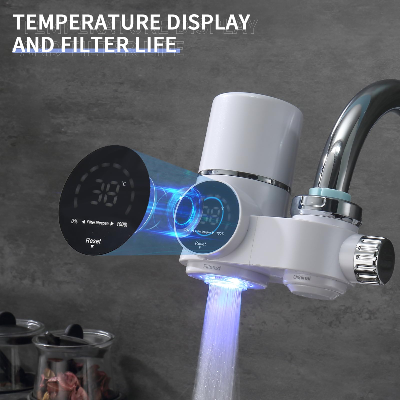 Filtro dell'acqua per rubinetto con display LED, filtro per acqua potabile per cucina, rimuove cloro, metalli pesanti e cattivo gusto, filtro dell'acqua potabile con luce blu (incluso filtro*1)