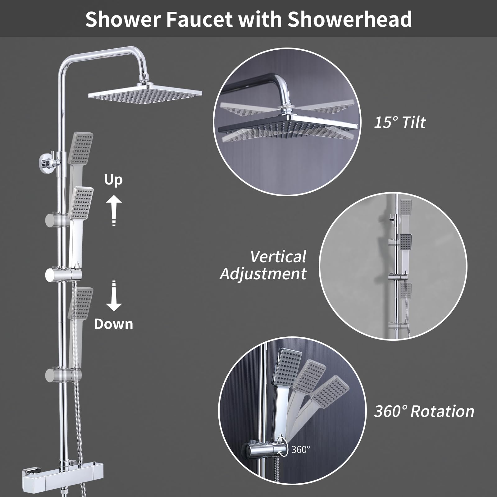 HOMELODY Sistema doccia con termostato cromato – Rubinetto doccia in acciaio inox con rubinetto incl. blocco di sicurezza a 38 °C, doccetta in ABS, asta doccia regolabile, set completo