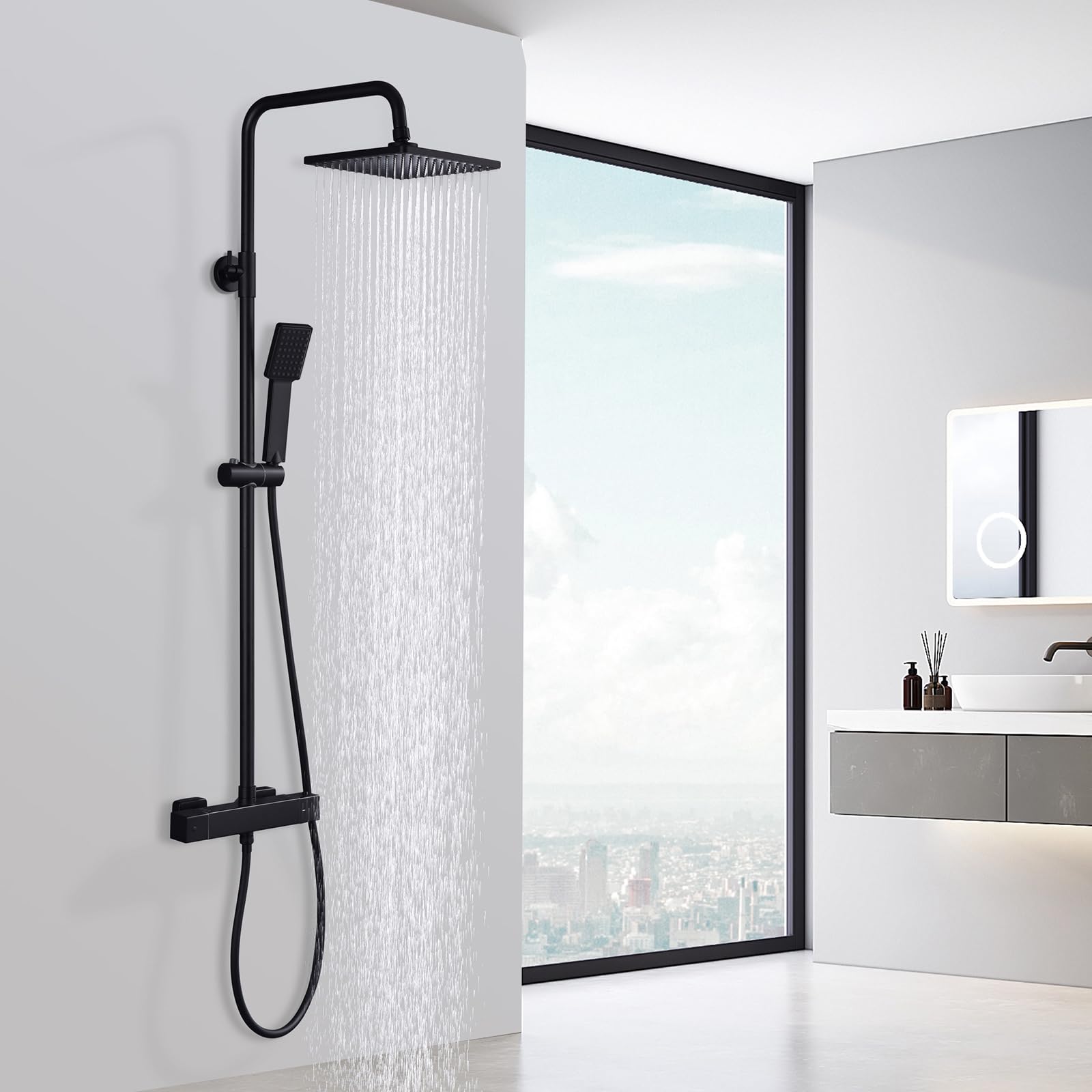 HOMELODY Sistema doccia con termostato nero – Rubinetto doccia in acciaio inox con rubinetto, set completo 2 Shower Head blocco di sicurezza a 38 °C, rubinetto doccia nero