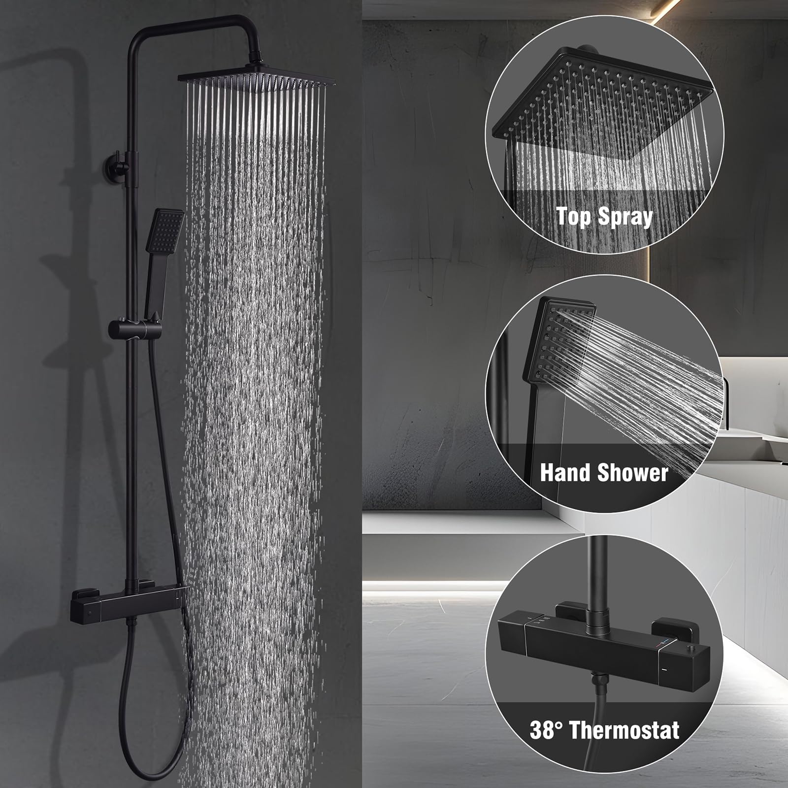 HOMELODY Sistema doccia con termostato nero – Rubinetto doccia in acciaio inox con rubinetto, set completo 2 Shower Head blocco di sicurezza a 38 °C, rubinetto doccia nero