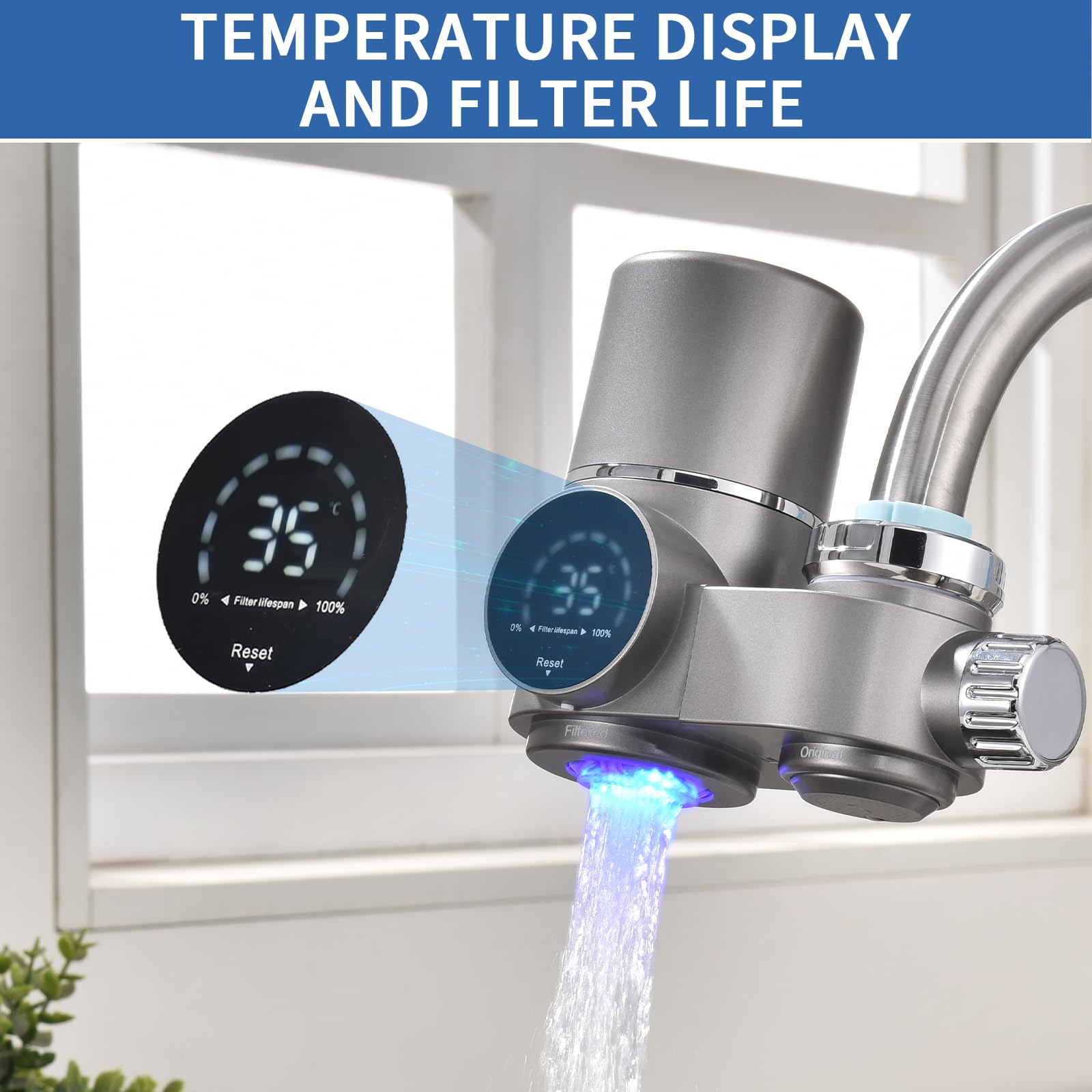 Filtro dell'acqua per rubinetto con display LED, filtro per acqua potabile per cucina, rimuove cloro, metalli pesanti e cattivo gusto, filtro dell'acqua potabile con luce blu (incluso filtro*1)